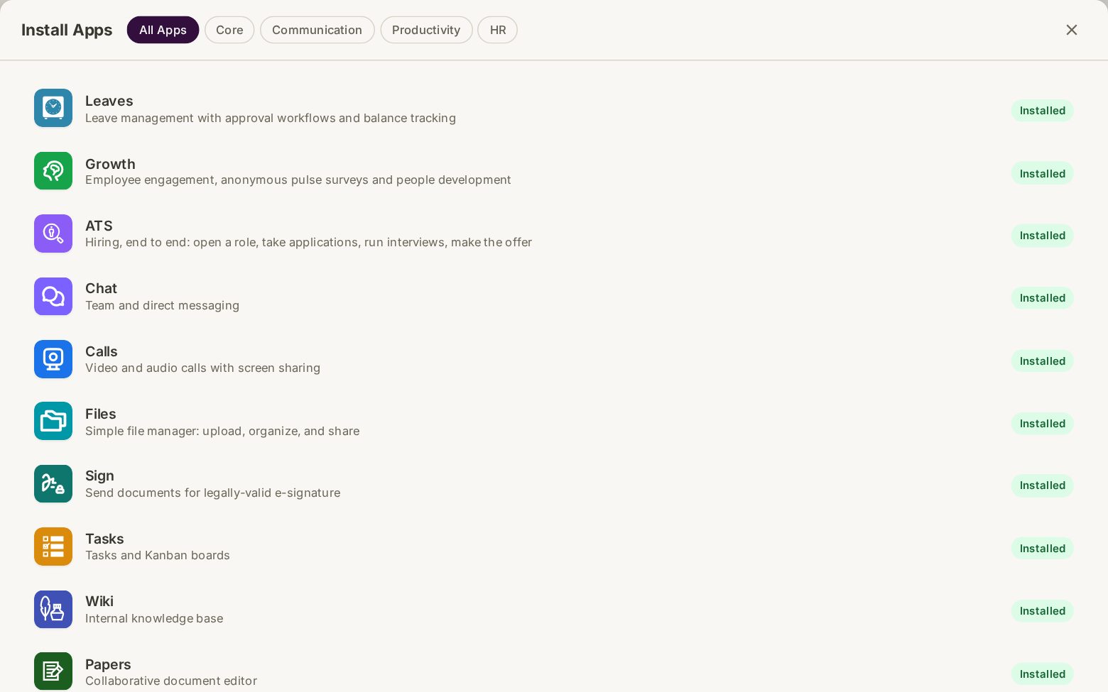 The app library inside a workspace, every app listed with its install state