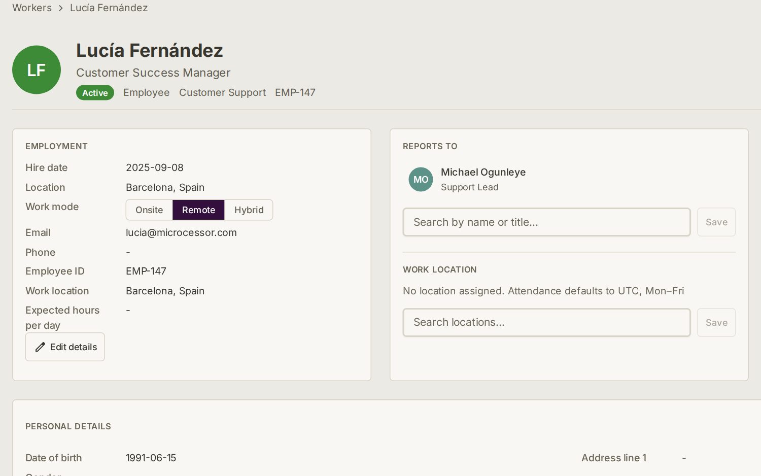 An employee record showing who the person reports to